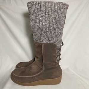 The North Face Alana Suede Knit Fold Over Boots in brown suede grey sweater cuff